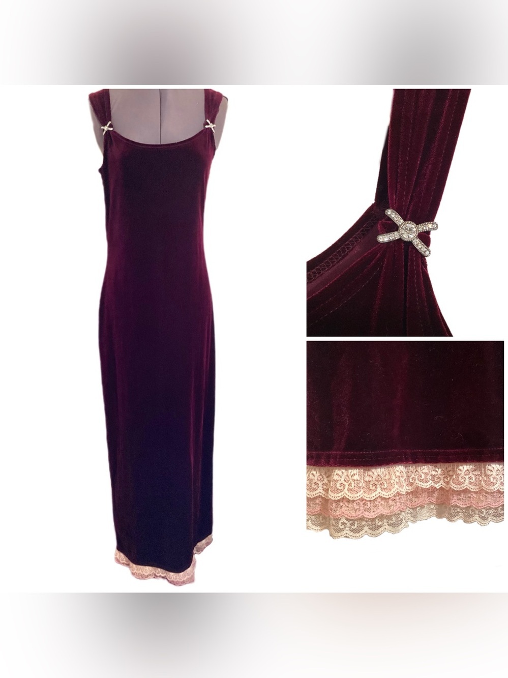 Fashion Bug 90s Velvet Maxi Dress Lace Trim Bow Strap